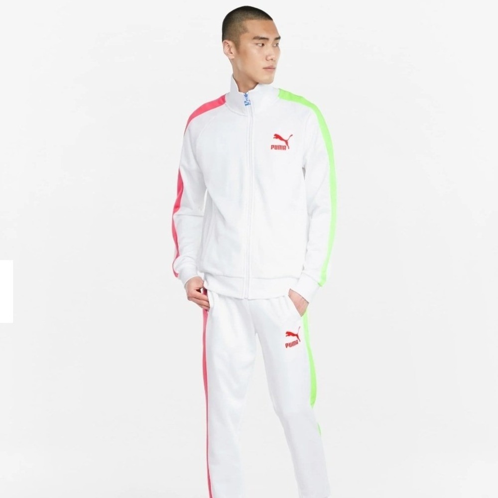 Puma Mens Iconic 7 T7 Tracksuit White Neon Red Green Full Zip Jacket Size M